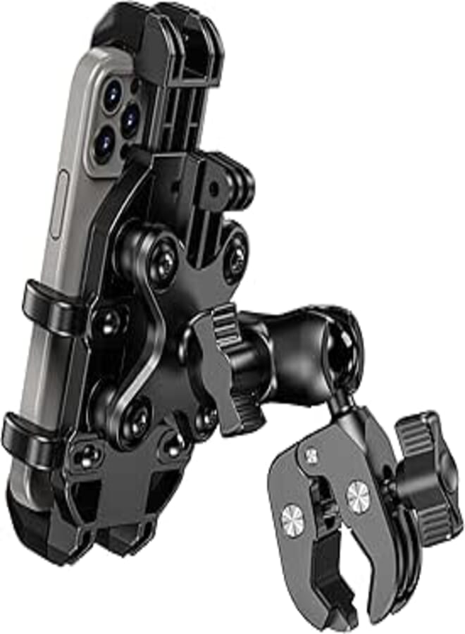 BRCOVAN Motorcycle Phone Mount Holder with Vibration Dampener, Anti-Shake Cellphone Clamp Fit Handlebars 0.5'' to 1.5'' in Diameter for Bike Bicycle Scooter ATV, Adjustable Fit 5.4-6.9'' Smartphones